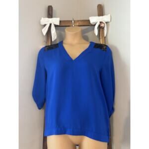 Express V Neck Royal Blue Blouse Black lace EUC Size Large